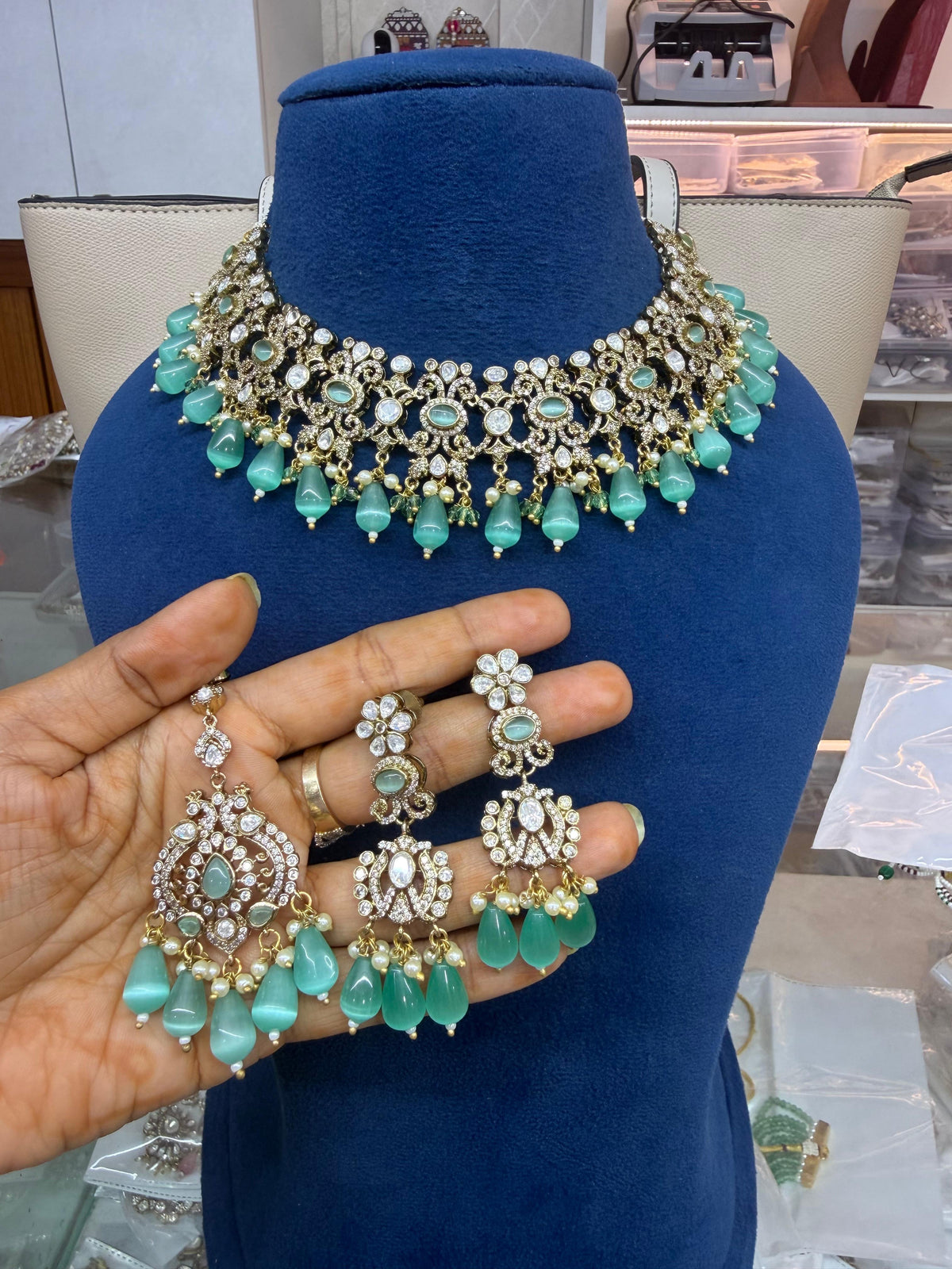 Jadau Mint-Bead Kundan Polki Choker Set - Kundan Polki Bridal Jewellery by Ganesh Kundan & Polki
