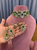 Premium Emerald Green Bridal Kundan Polki Choker Jewellery Set with Earrings and Maang Tikka