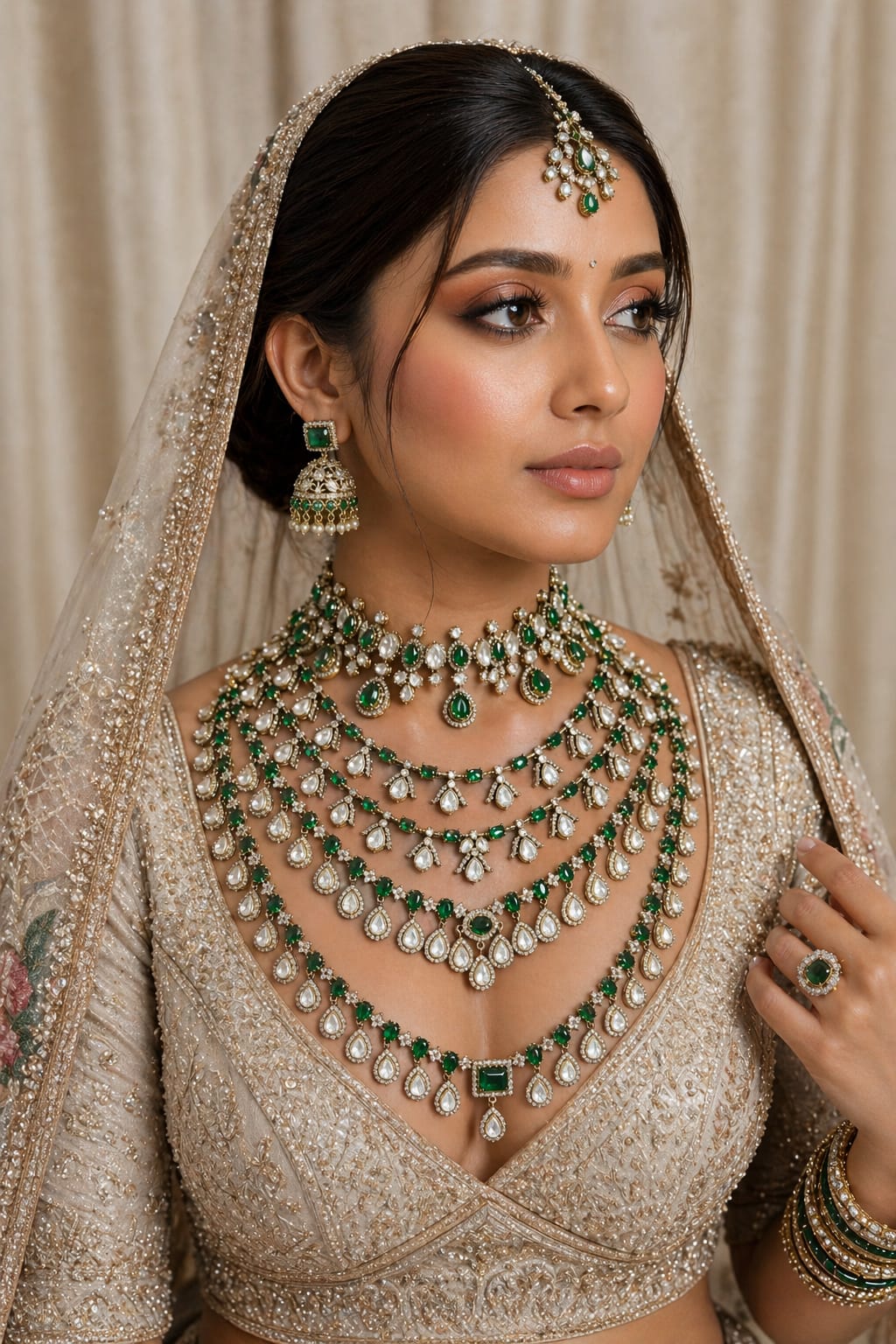 Multi-layered Kundan long necklace with green stones and matching Jhumkas.