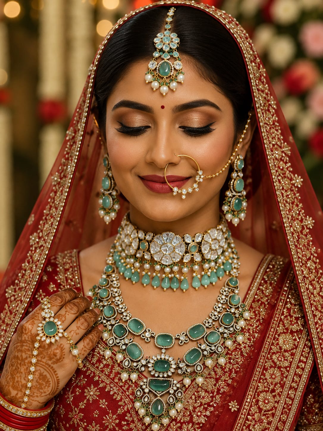 Royal Bridal Necklace Set with Mint Green Stones and Pearls